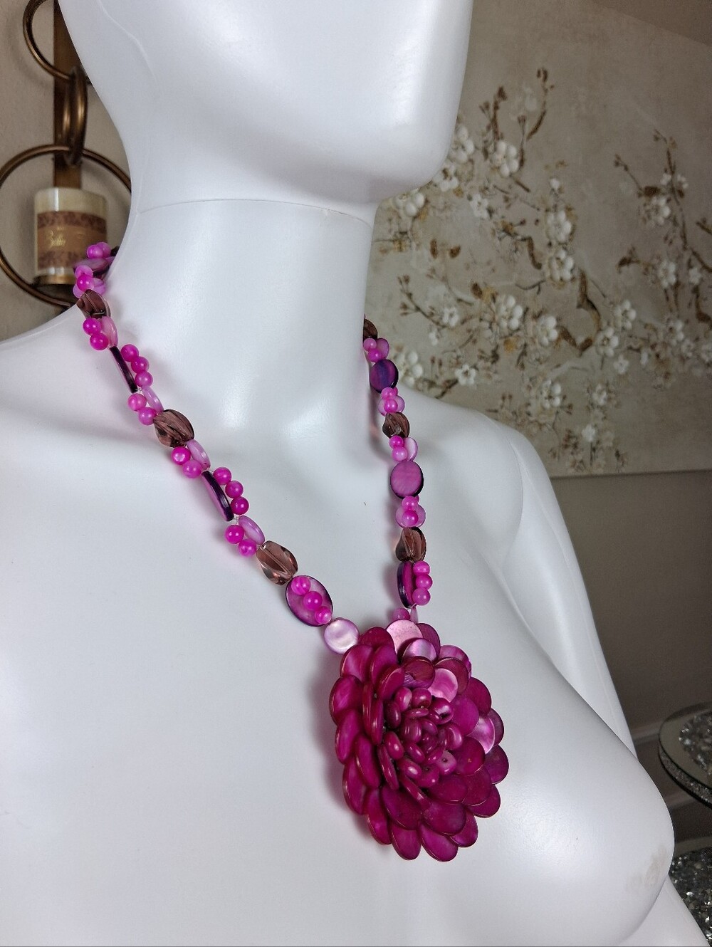 Women's Pink Floral Statement Necklace - Women Jewelry Beaded Necklaces - Picture 11 of 16